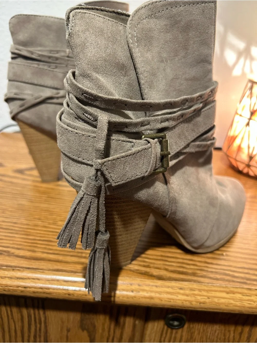 Qupid Taupe Suede Ankle Booties with Wrap Strap & Tassel